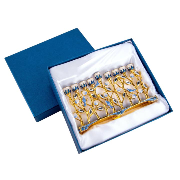 STP - Wholesale Menorah - Handcrafted Jeweled Flowers Hanukkah Menorah in Gift Box1
