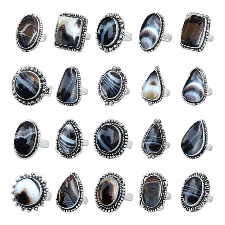 Botswana Agate Rings – Handmade, Silver-Plated, Assorted Boho Designs & Sizes (Made To Order) for wholesale by Handmade Jewels