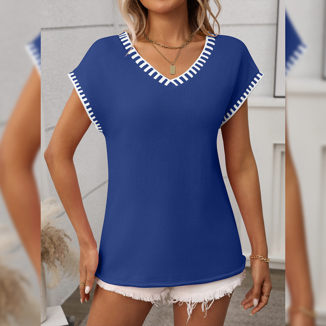 UNISHE – wholesale Knitted jumper – Women′s – Pullover Short Sleeve V-Neck Striped Knit Sweater MD17814