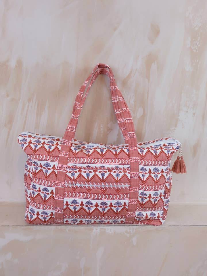 Block Print Terracotta Quilted Overnight Bag for wholesale by Kapara London