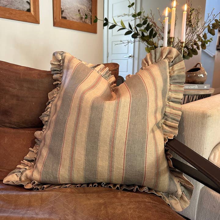 Rennah Collective - Wholesale Throw/Decorative Pillow - Olive and Sage Striped-Ruffle Pillow Cover5