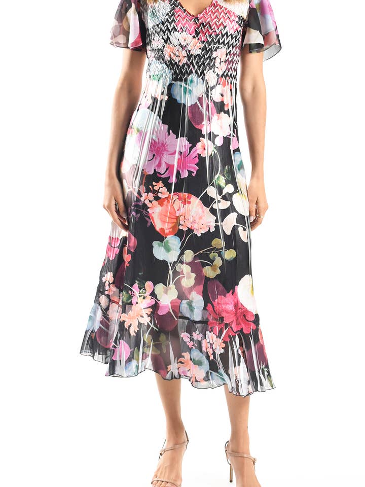 CAP22473 - Charmuese Dress with Chiffon Flutter Sleeve for wholesale by Komarov