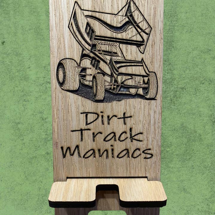 DK LaserWorx - Vente Support pour téléphone/tablette - Support de téléphone portable Dirt Track Maniacs gravé et découpé au laser