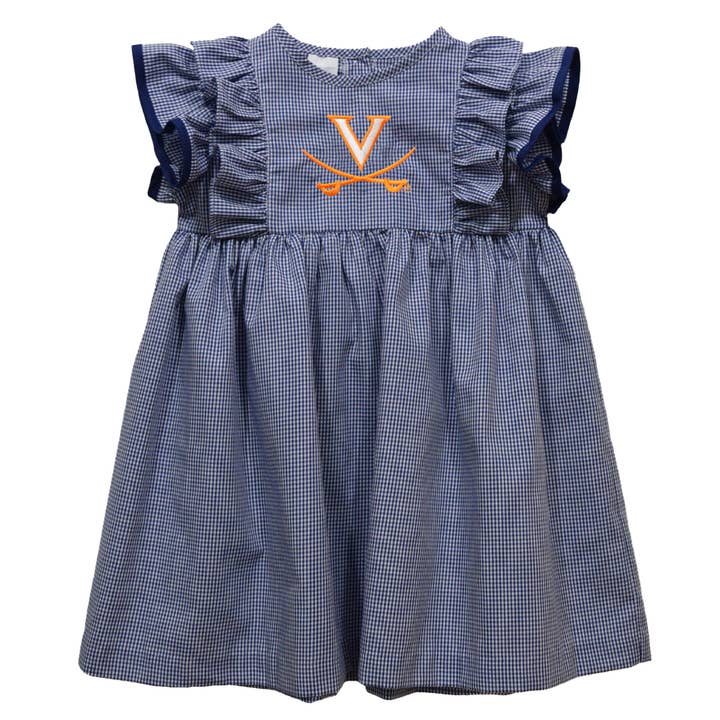 Virginia Cavaliers UVA Embroidered Navy Gingham Ruffle Dress for wholesale by Vive La Fete