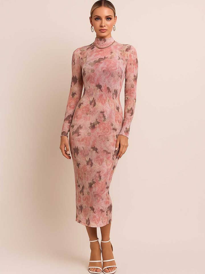 Women Floral Print Turtleneck Bodycon Maxi Dress for wholesale by Sweetkama