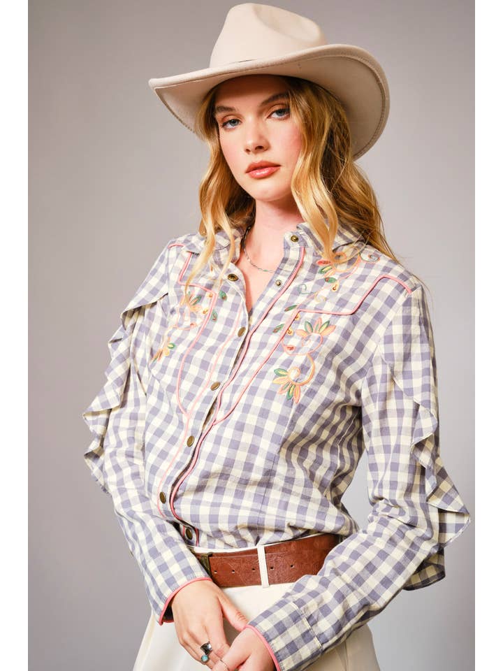 GREY 23566T - Gingham Embroidered Western Snap Blouse for wholesale on Faire