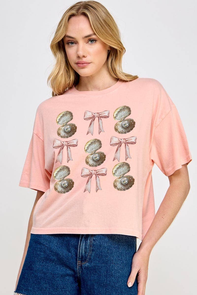 Pink Irene Wholesale - Wholesale Shirt - Women's - Coquette Pearl Oyster Graphic Relaxed Crop Top4