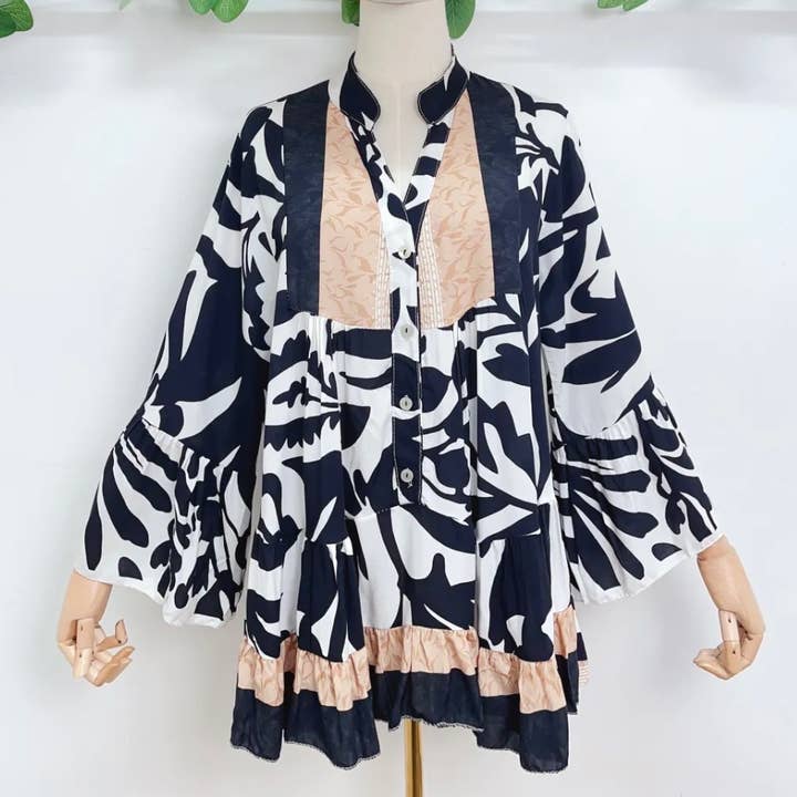 Blusa grande negra italiana de talla única con estampado floral VSFE6 LOOWIE  para venta al por mayor de LOOWIE