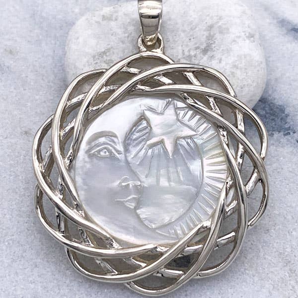 Sterling & Hand Carved Mother-of-Pearl Celestial Pendant for wholesale by Goddess Design Studio