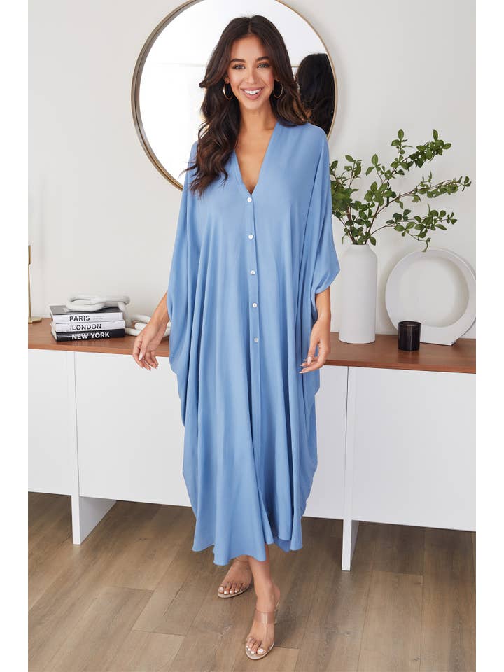 MILIO MILANO - Wholesale Dress - Women's - BATWING CAFTAN DRESS WITH BUTTON FRONT (821731-DENIM BLUE)