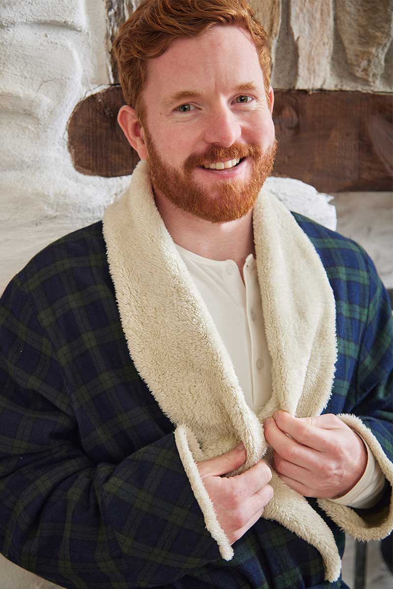 Lee Valley Ireland - Wholesale Nightgown - Men's - Fleece Lined Flannel Nightrobe - Green/Navy Tartan1