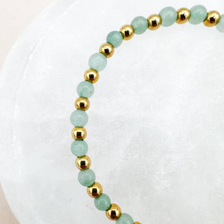 Green Aventurine and Gold Stainless Steel Bracelet 4mm Beads for wholesale by Peach Tree & Co.