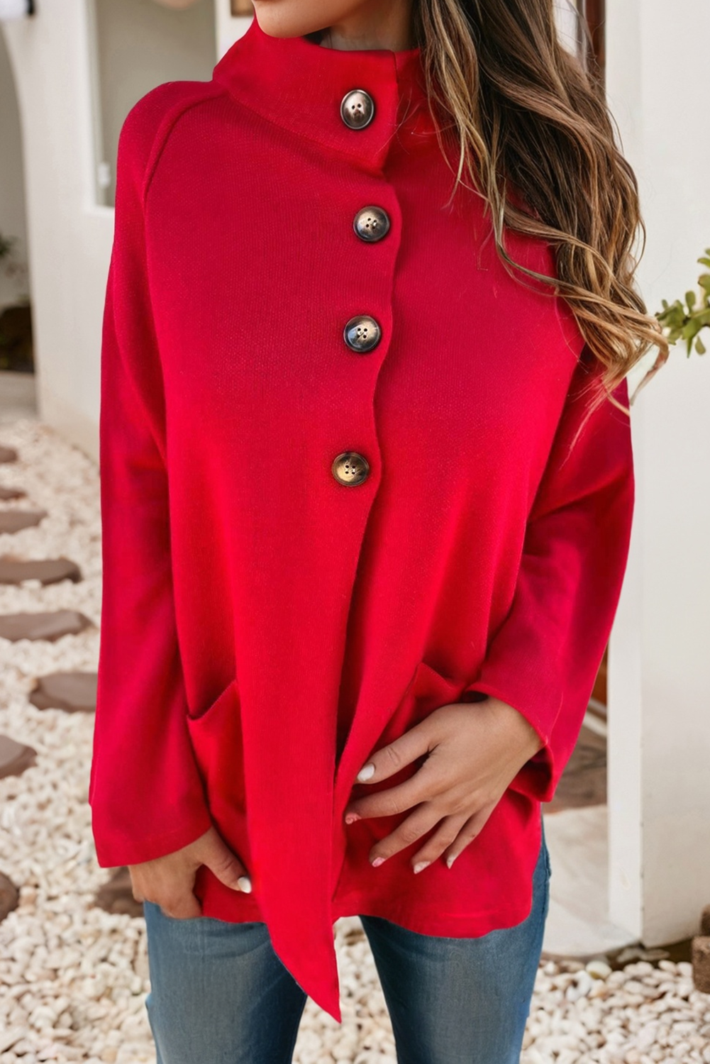 Fiery Red LDC Collar Long Sleeved Solid Color Knitted Jacket for wholesale on Faire1