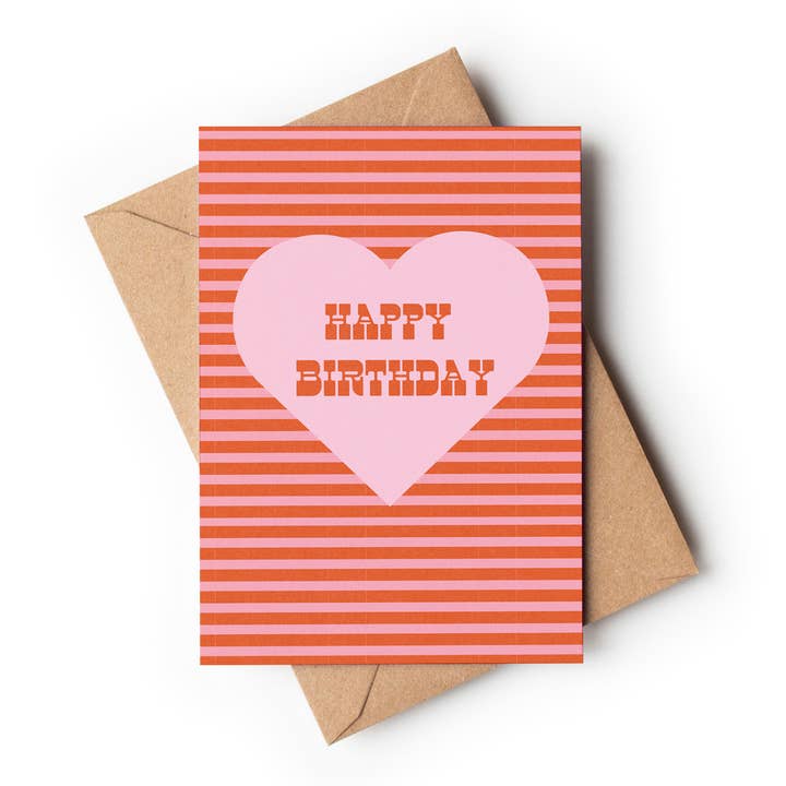 Harley and J - Wholesale Birthday card - Happy Birthday Pink Stripe-Vintage Retro Style Greeting Card1