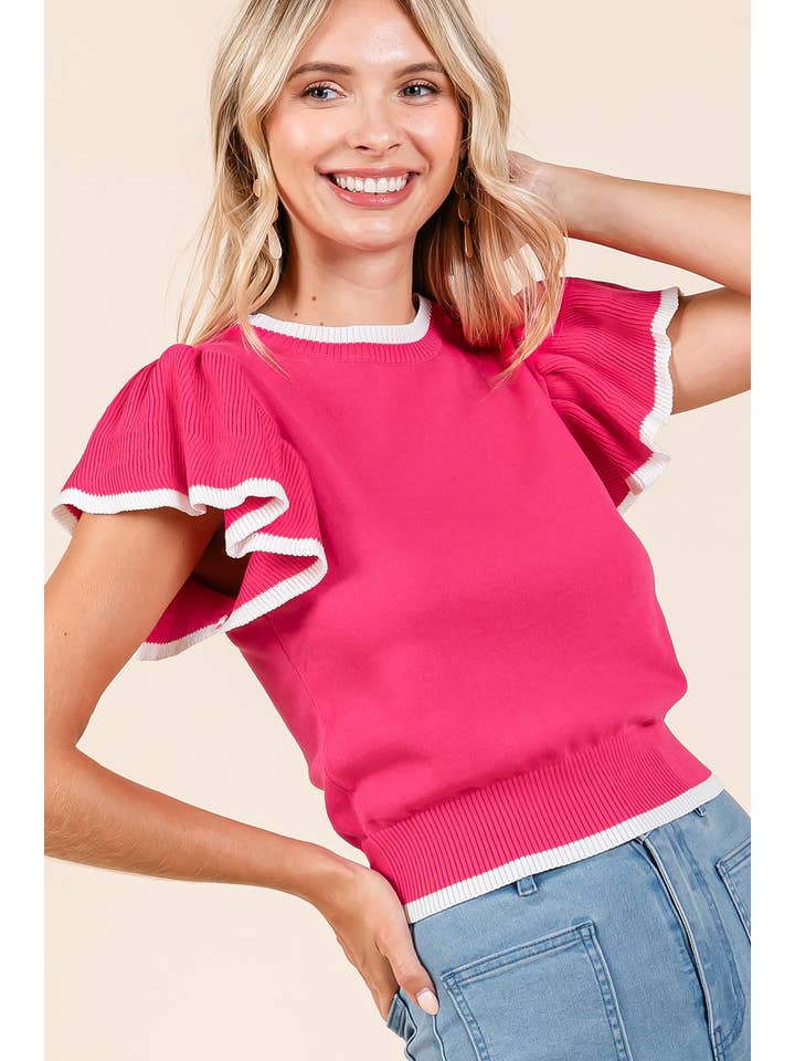 mittoshop - Wholesale Knit Top - Women's - SWEATER KNIT RUFFLE SLEEVE CONTRAST CROP TOP6