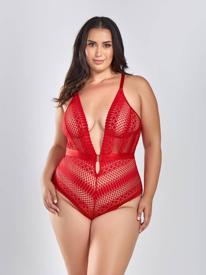 iCollection - Wholesale Lingerie Bodysuit - Women's - Best Seller! Hazel Plus Size Lace Plunge Bodysuit Lingerie