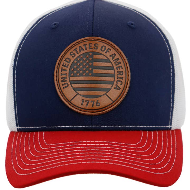 Cap Zone - Wholesale Trucker Hat - Unisex - American Flag 1776 Patch Six Panel Curved Bill Trucker Hat