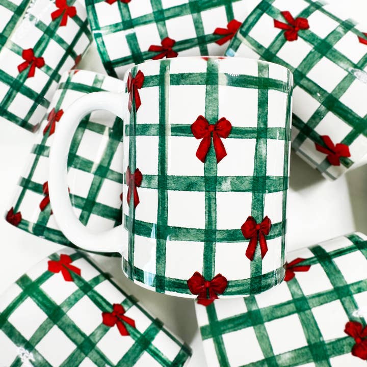 Mugsby - Wholesale Coffee Mug - Christmas Plaid Bows Ceramic Coffee Mug, Christmas Mugs