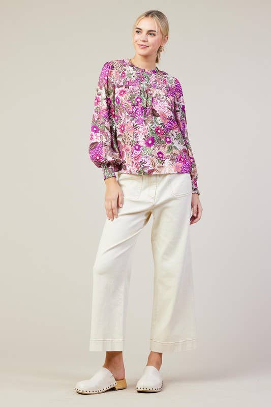 Orchid Multi Long Sleeve Printed Smock Neckline Blouse for wholesale on Faire4