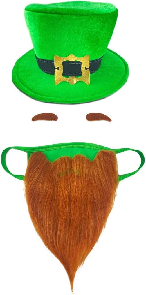 Infinite Basics – wholesale Protective face mask/shield – St Patricks Day Beard Face Mask and Green Hat Leprechaun Costume for Adults1