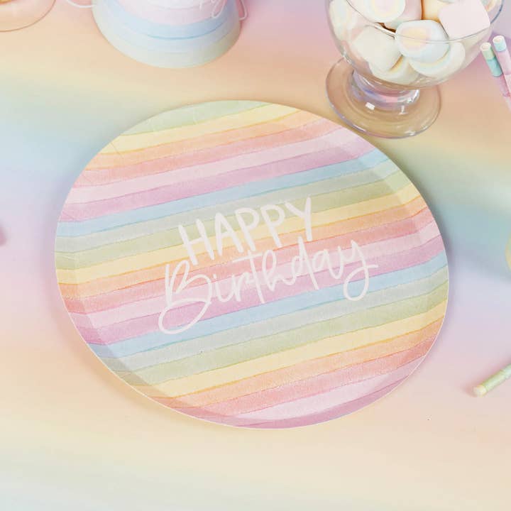 Hootyballoo by Club Green - Wholesale Disposable Plate - Eco Rainbow 'Happy Birthday' Paper Plates 8 Pack