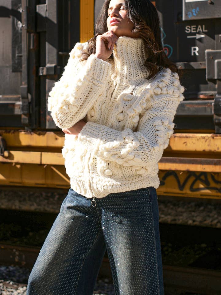 Cable Knit Heart Pom Pom Ribbed Turtleneck Sweater QC4123 for wholesale by Beulah Style