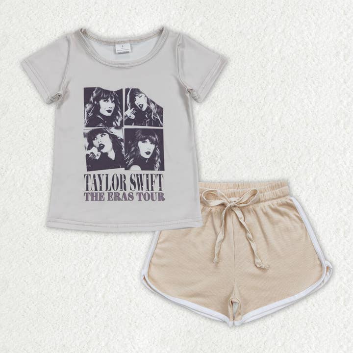 Aier Wholesale - Wholesale Top & Short Set - Kids - Baby Girls Singer Tour Shirt Khaki Shorts Clothes Sets