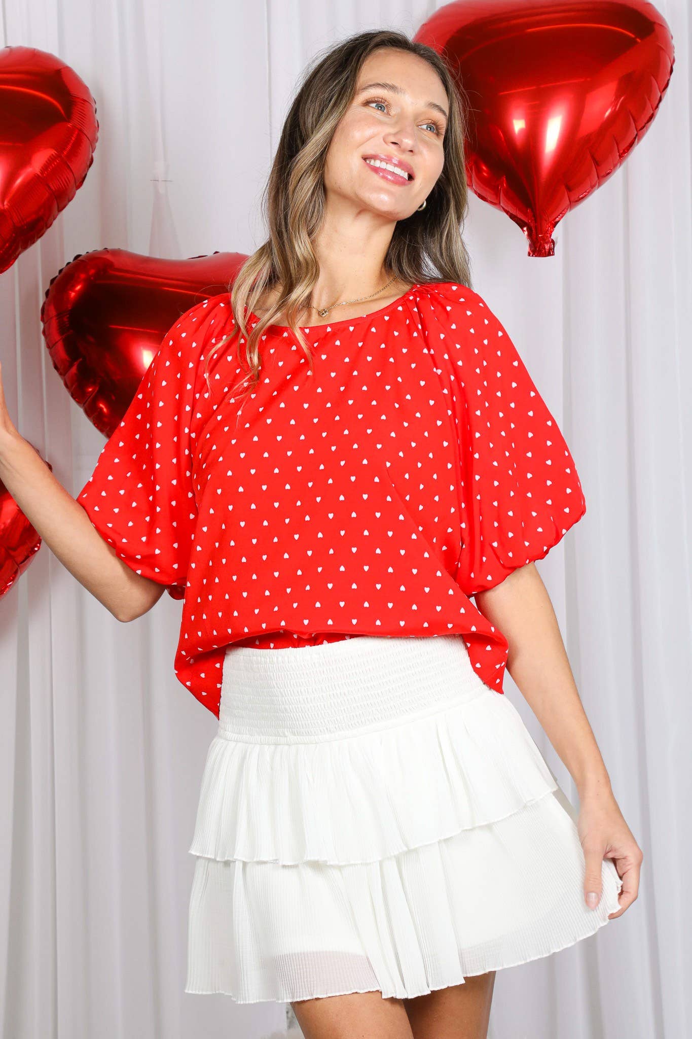 Rood Boothals Pofmouw Hartjesprint Blouse Top VT82337H voor groothandel op Faire15