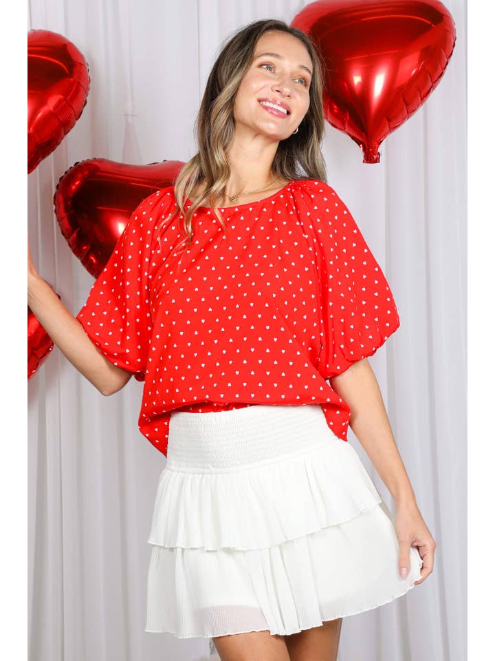 Rood Boothals Pofmouw Hartjesprint Blouse Top VT82337H voor groothandel op Faire15