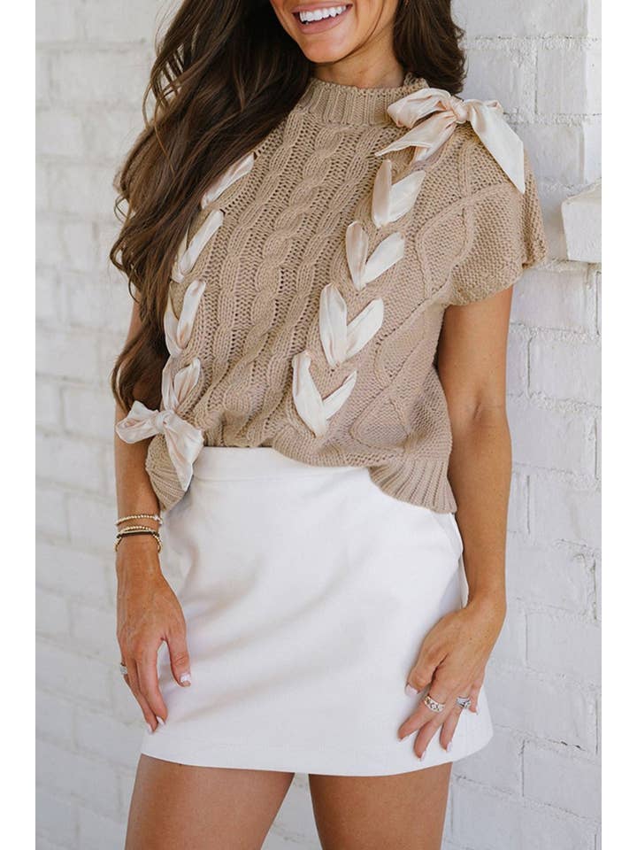 Simply Taupe Cable Knit Satin Bow Sweater for wholesale on Faire