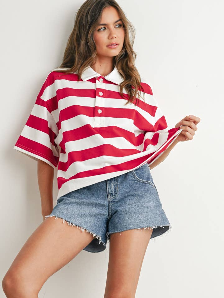 PM1337 - STRIPED OVERSIZED POLO SHIRT for wholesale by Peace Love Line
