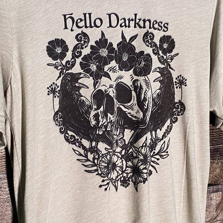 Outer Place - Wholesale Screen Printed T-Shirt - Women's - Hello Darkness My Old Friend | Crow and Skull Tee0