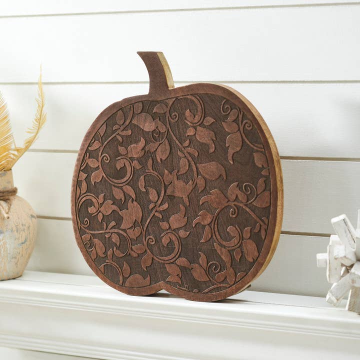 VHC Brands - Wholesale Decorative Tabletop Object - Dark Rustic Wooden Carved Vine Pumpkin 14 Farmhouse Fall Home Decor Accent