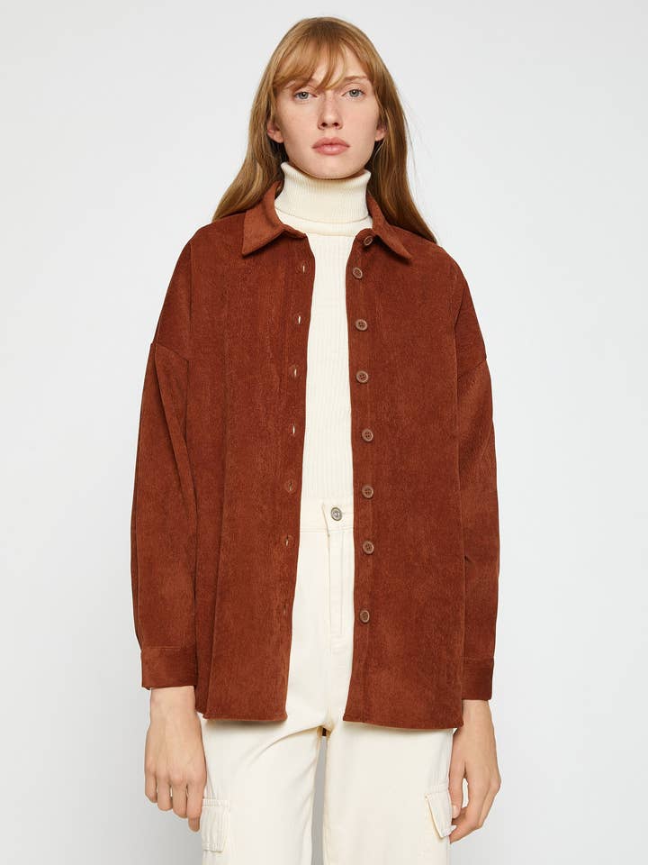 Sobrecamisa de Corda Castanha Oversized para Mulher por atacado de Usolo Outfitters