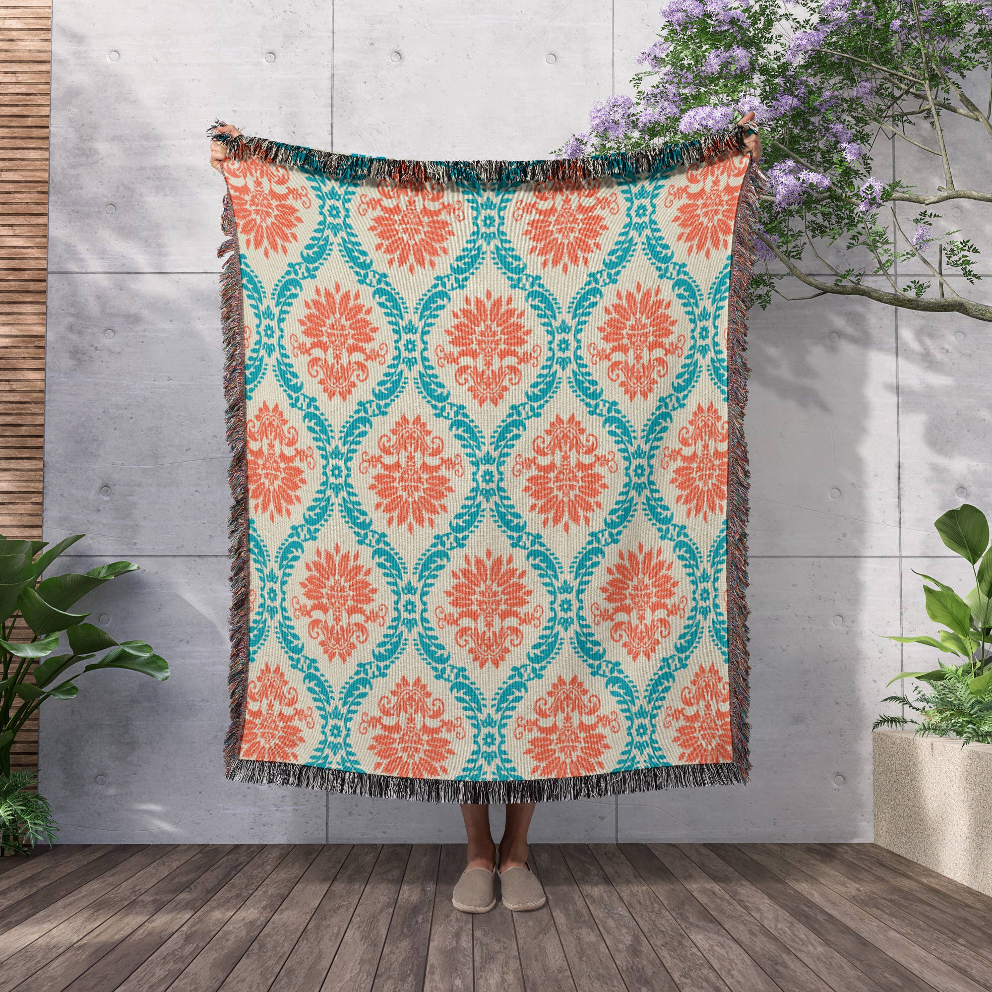 3dRose – Großhandel Überwurfdecke – 3dRose, Dooni Designs Mandarine Orange und Aqua Blau Verziertes Damastmuster, Decke2