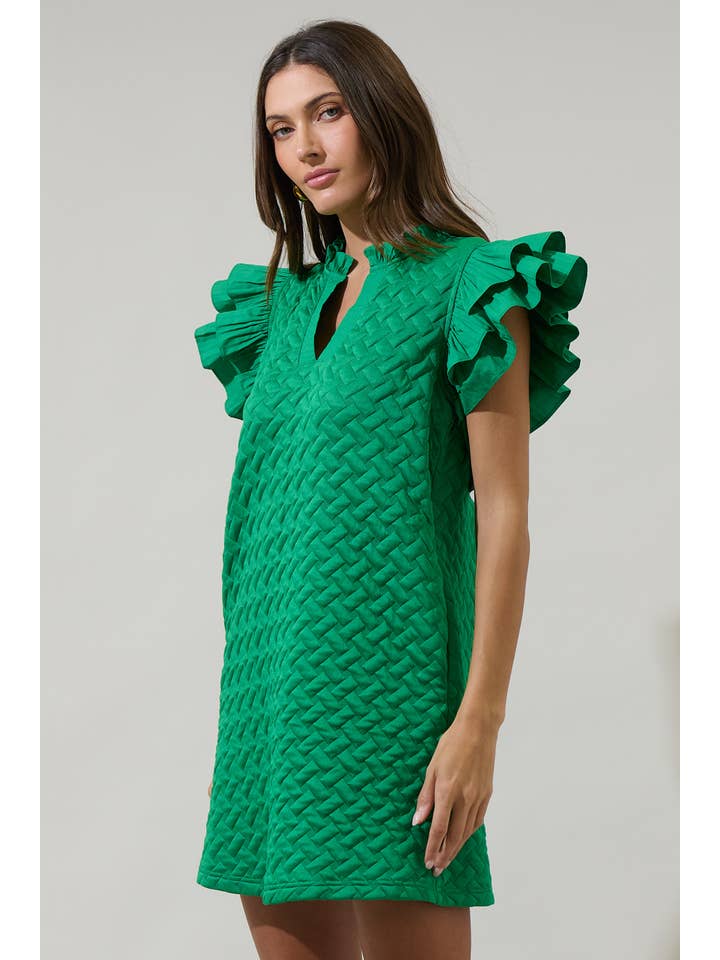 Kelly Green Yulia Quilted Adalee Ruffle Mini Dress for wholesale on Faire
