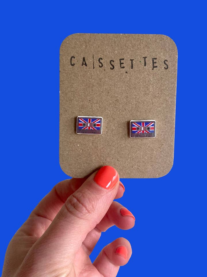Cute little Union Jack retro cassette tape earrings for wholesale by RatBeanKat