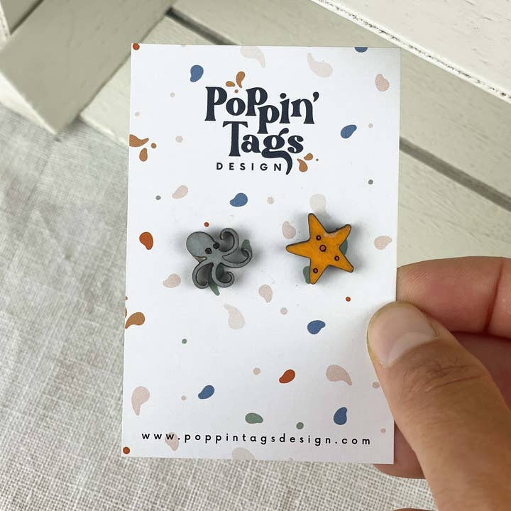 Wooden Earrings: Octopus And Starfish for wholesale by Poppin' Tags Design
