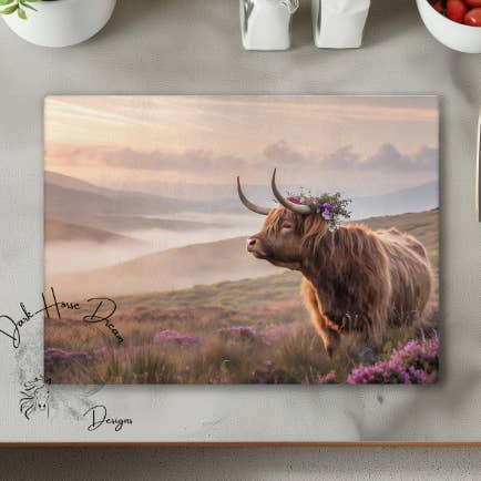 Highland Cow in Fog - Farm Animal - Cow - Cutting Board for wholesale by Dark Horse Dream Designs LLC