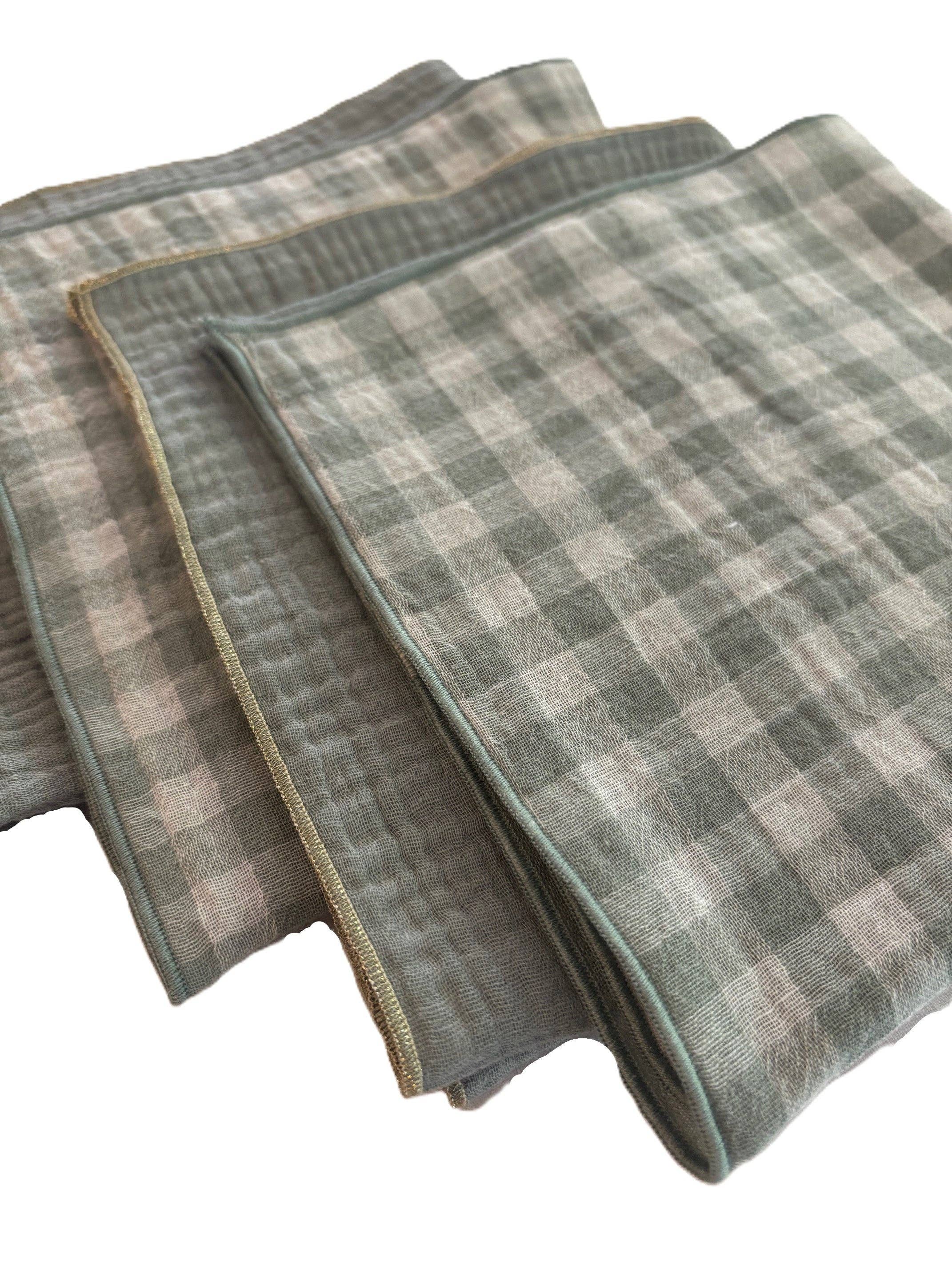 CHARMY - Wholesale Dinner & cloth napkin - Set of 4 Table Napkins in Double Cotton Gauze – Vichy and solid gray-green – 40x40cm2