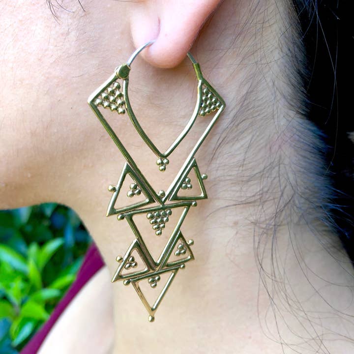 JAYA MOKSHA - Wholesale Dangle Earrings - Brass Tribal Boho Chandelier Earrings / Gold Triangle Hoops 7