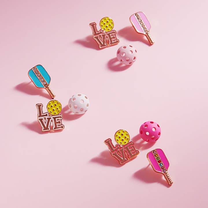 Designature New York - Wholesale Stud/Post Earrings - Pickleball Earring Set - Hot Pink, Pink, Turquoise Colors1