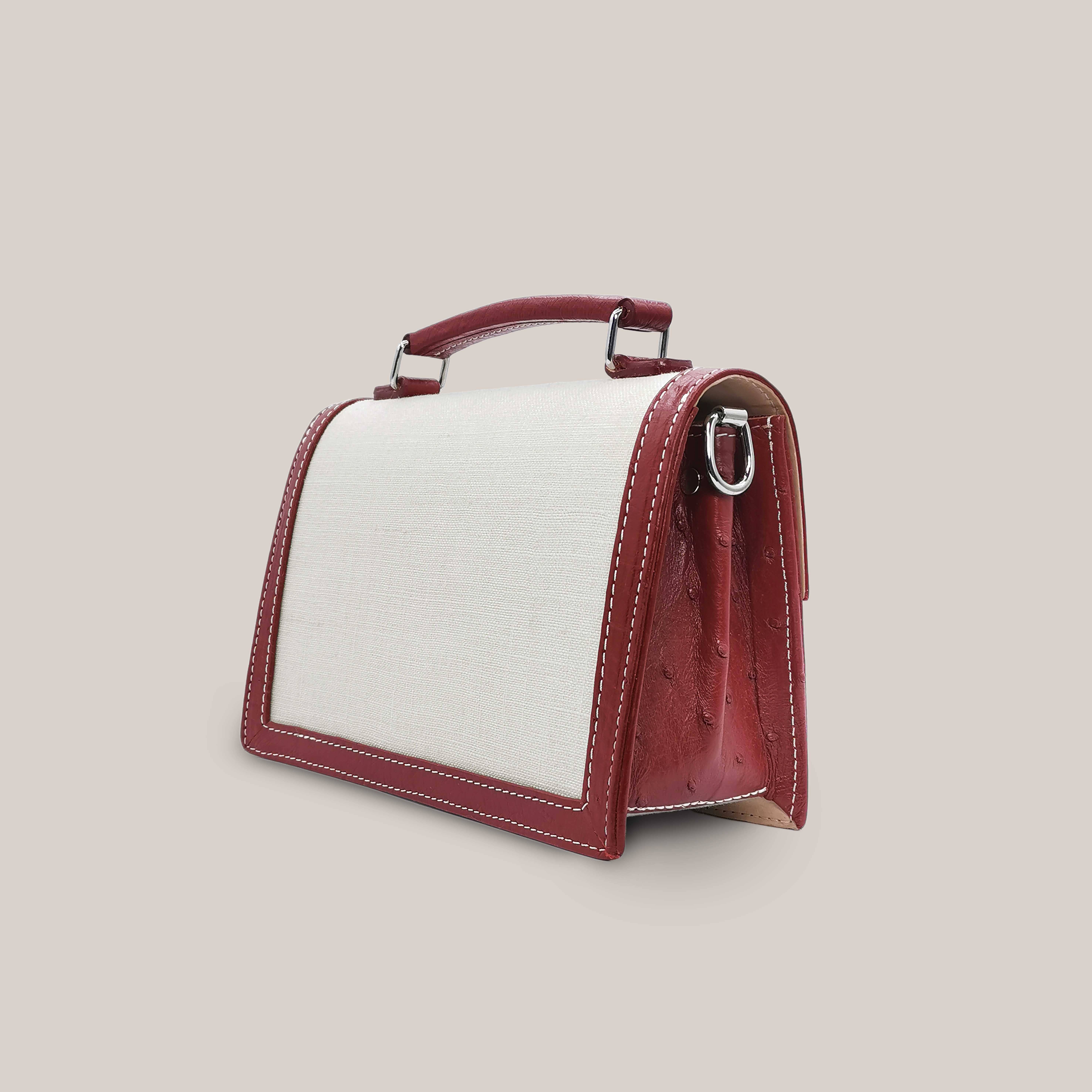 bordeaux Alca Burgundy Ostrich Leather And Linen Flap Bag for wholesale on Faire4
