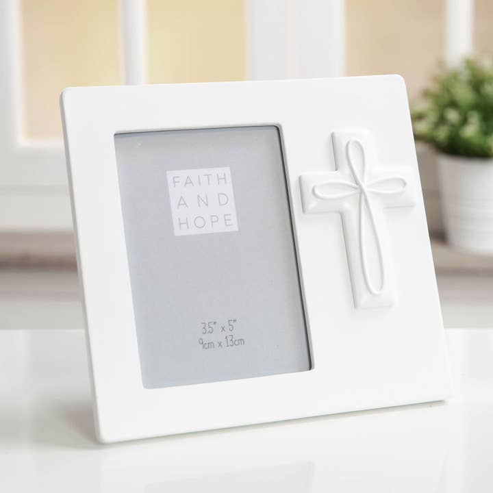 Faith & Hope White Resin Cross Frame 3.5" x 5" for wholesale by WIDDOP and Co. US