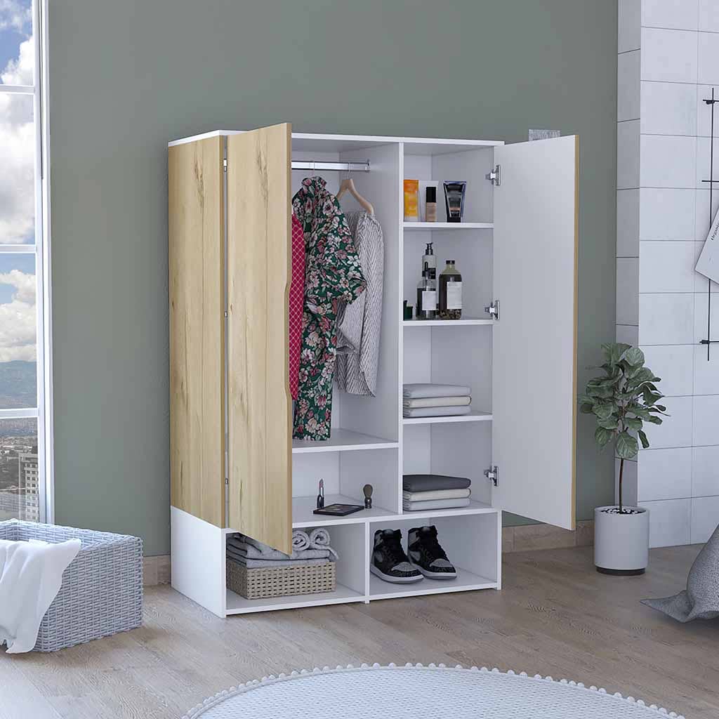 Light Oak White Rosie armoire, two open shelves, double door, hanging rod for wholesale on Faire7