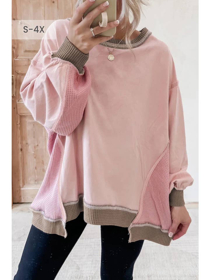 66DISCO - Wholesale Sweatshirt - Women's - 66Block Texture Waffle Patchwork Oversize Sweatshirt(S-4X)