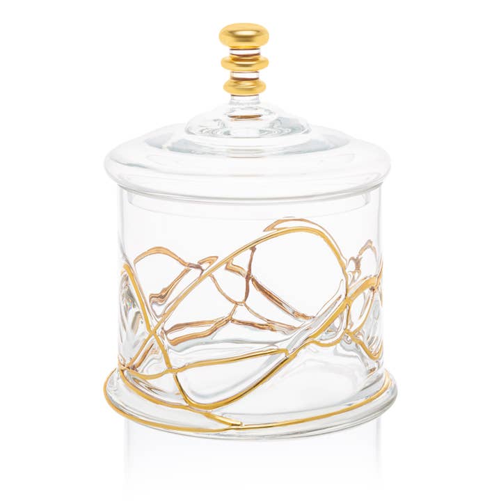Bocal et couvercle en verre avec motif tourbillon doré pour la vente par CLASSIC TOUCH DECOR INC.
