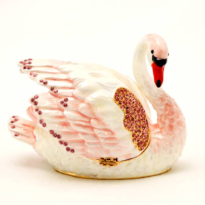 Pink Swan Trinket Box. Hand Made with White & Pink Enamel for wholesale by Ciel Collectables