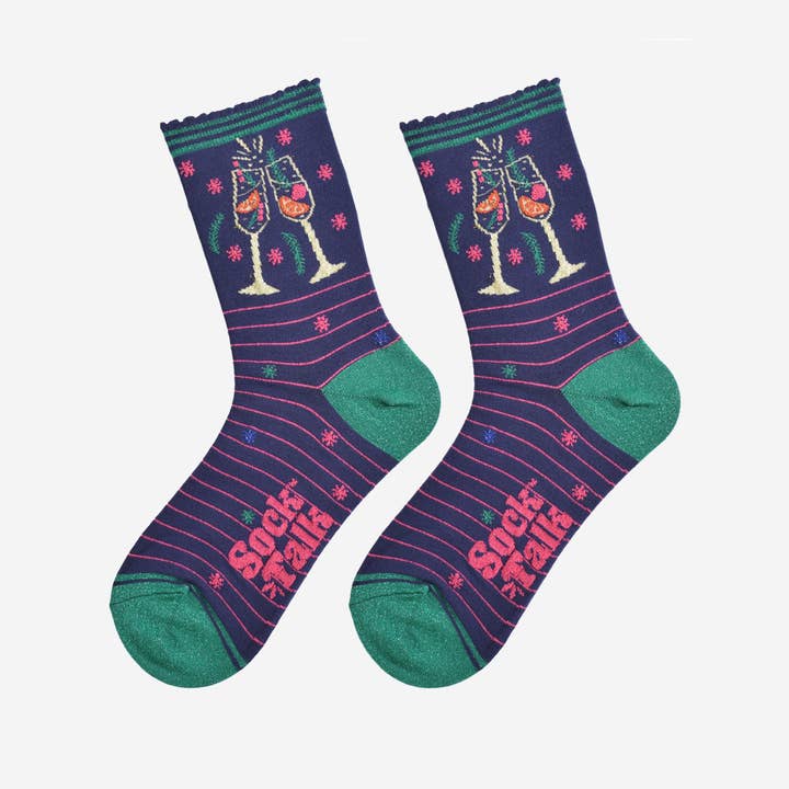 Sock Talk - Wholesale Socks - Women's - Women's Bamboo Socks - Navy/Green, Prosecco Cocktail Glasses
