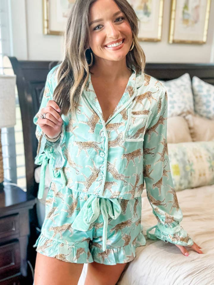 Green Leopard Satin Ruffle Pajama Short Set for wholesale on Faire2